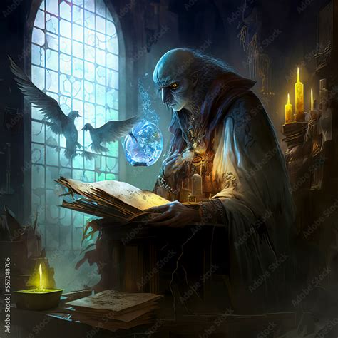 Fantasy Art Creepy Looking Sorcerer Holding Spell Book, Candles and ...