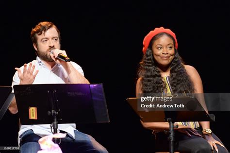 Derek Waters and Lyric Lewis speak onstage during the "Drunk History ...