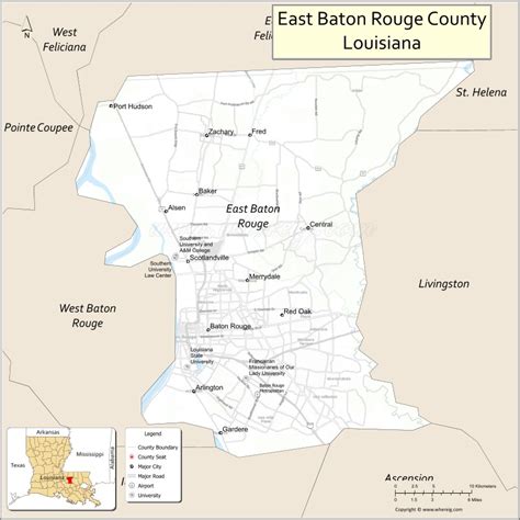 Map of East Baton Rouge Parish, Louisiana showing cities, highways ...