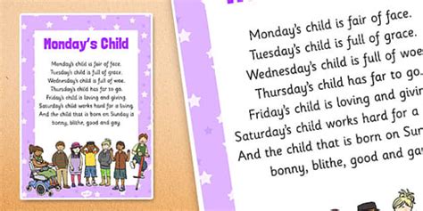 Monday's Child Nursery Rhyme Poster - EYFS songs - Twinkl