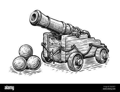 Old pirate ship cannon and cannonballs. Sketch vintage vector ...