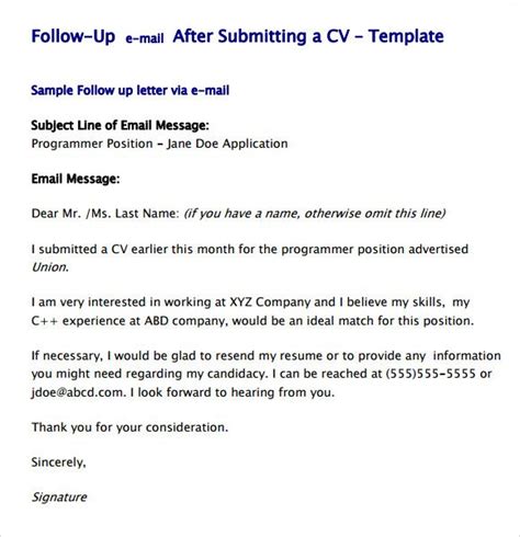 Sample Follow Up Email After Submitting Resume | Free Design Template