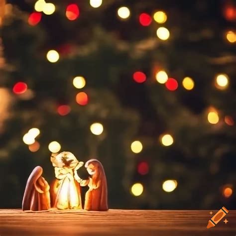 Wooden nativity scene with christmas tree lights on Craiyon