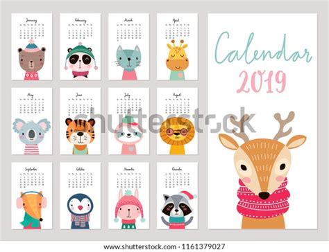 Calendar 2019 Cute Monthly Calendar Animals Stock Vector (Royalty Free ...