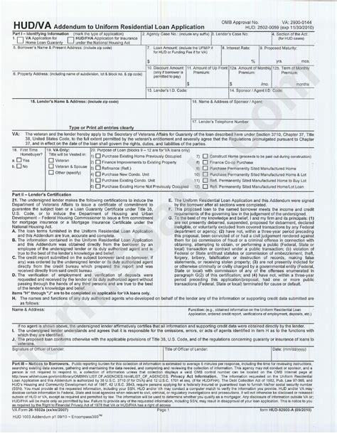 Hud/va Addendum To Uniform Residential Loan Application printable pdf ...