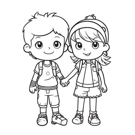 Two Kids Holding Hands Coloring Pages To Print And Colour Outline ...