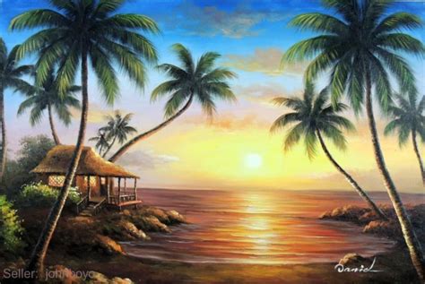 Painting: Hawaii Beach House Sunset Rocky Shore Palms Cove Stretched ...