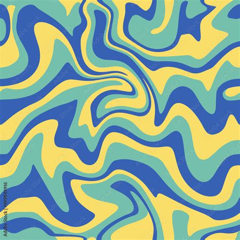 1970 Wavy Swirl Seamless Pattern in Yellow, Blue and Azure Colors. Hand ...