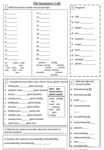 German numbers 1-60 Conti style worksheet | Teaching Resources