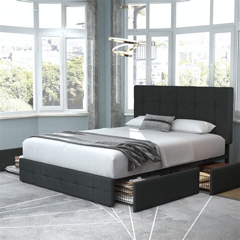 Allewie Queen Platform Bed Frame with 4 Drawers and Headboard/Square ...