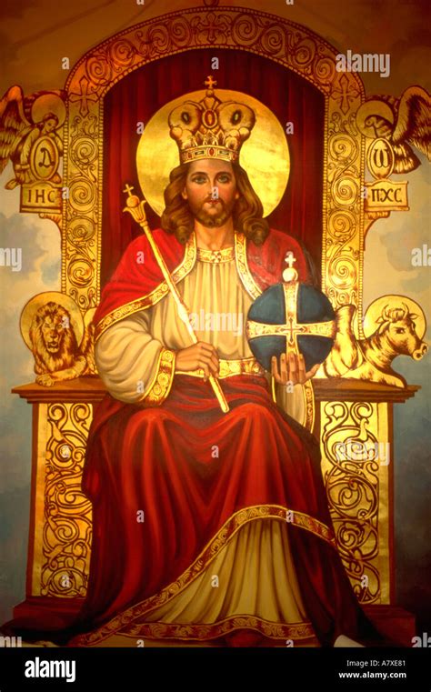 King of kings Jesus sitting on his throne on painting at Coptic Stock ...