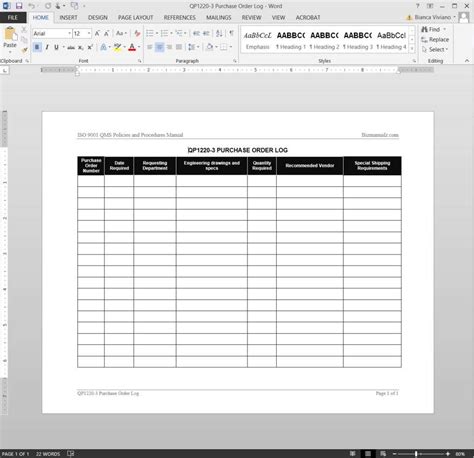 Purchase Order Log ISO Template