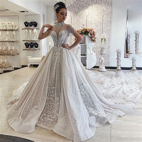 Luxury Sequined Chapel Wedding Dresses Sheer Neck Beading Tassel Abric ...