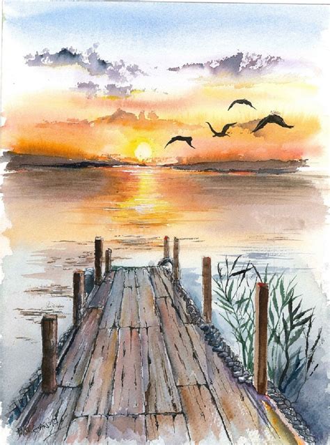 Sunset Lake Watercolor | Watercolor sunset, Watercolor landscape ...