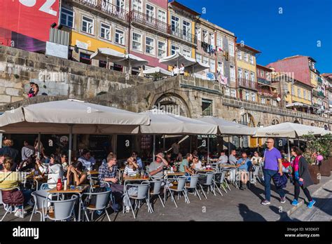 Restaurant in Ribeira district Douro River waterfront in Porto, second ...