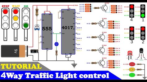 How to make 4 Way Traffic Light control using 555 timer and cd4017 | 4 ...