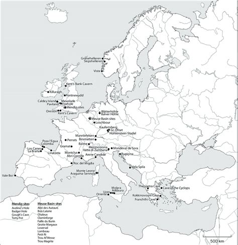 Map of Europe showing locations of selected cave sites with Mesolithic ...