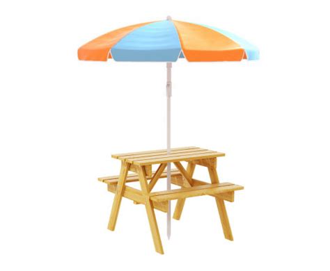 Outdoor Table and Picnic Bench Set with Umbrella - Wooden - Kids Nook