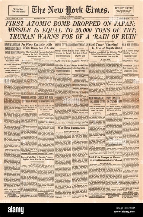 1945 New York Times front page reporting Atom Bomb Dropped On Hiroshima ...