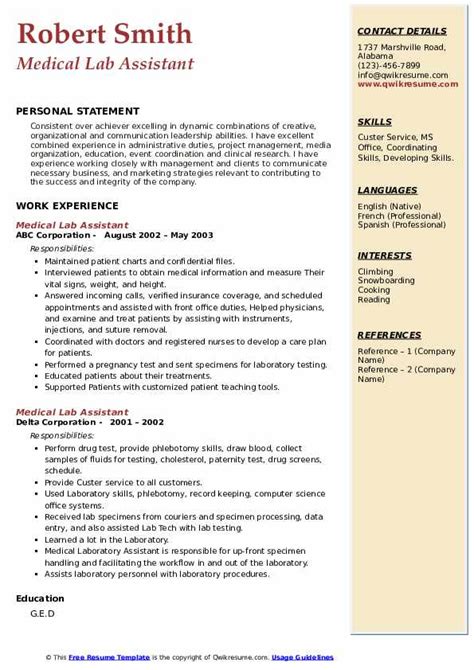 Medical Lab Assistant Resume Samples | QwikResume