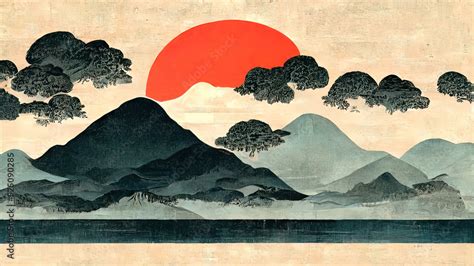 ภาพประกอบสต็อก Japanese Ukiyo-e, landscape, art prints. Oriental ...