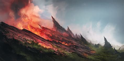 Mountains with flames illustration, digital art, landscape, fire HD ...