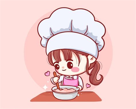 Premium Vector | Cute bakery chef girl cooking smiling cartoon art ...