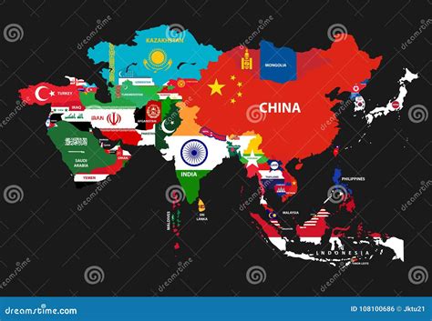 El Mapa Continente De Asia Del Vector Con Los Países Se Mezcló Con Sus ...