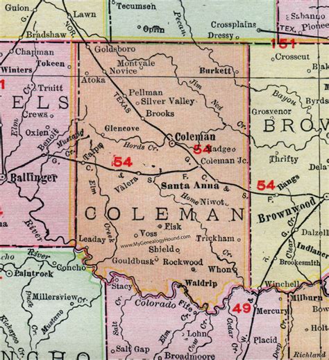 Coleman County, Texas, Map, 1911, Coleman City, Santa Anna, Novice ...