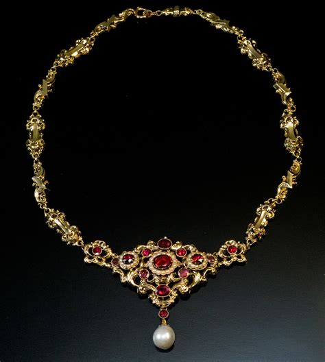 Antique Renaissance Revival Garnet Pearl Gold Necklace - Antique ...