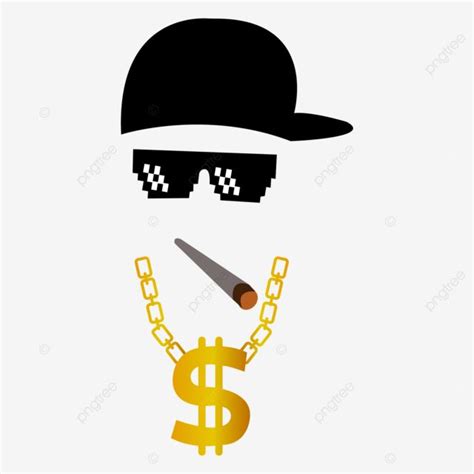 a hat, sunglasses and chain with a dollar sign on the bottom is shown ...