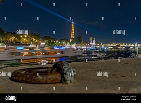 Tourists View of Boat Cruises in Paris at Night With Eiffel Tower Stock ...