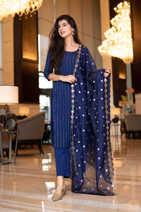 Kurta Set - Royal Blue Kurta Set With Organza Dupatta Online in India ...