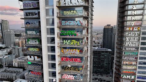 Inside the graffiti-covered Oceanwide Plaza building in downtown L.A.