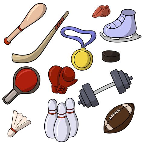 A large set of color drawings in cartoon style of sports attributes ...