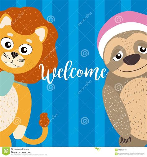 Welcome Card with Cute Animals Stock Vector - Illustration of character ...