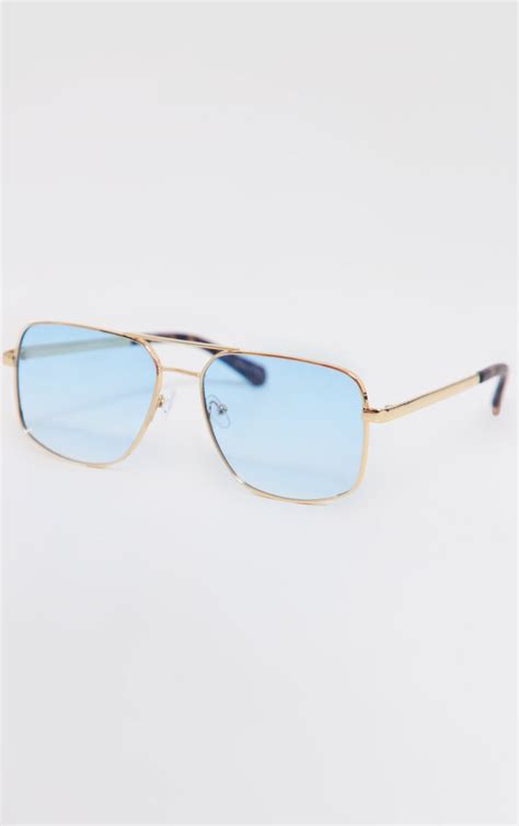 Blue Lens Squared Aviator Sunglasses | PrettyLittleThing KSA