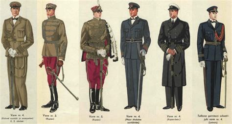 Estonian model 1936 uniforms, from left to right; colonel in Artillery ...