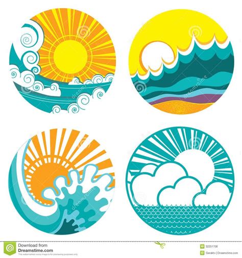 Sun and sea waves. Vector icons of illustration o | Vector icons ...