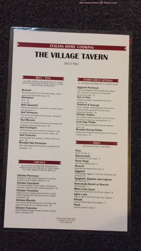 Menu at Village Tavern restaurant, Lock Haven