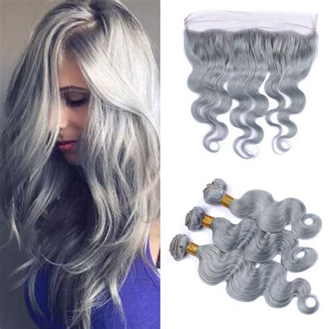 2020 Pure Color Gray Frontal Lace Closure With Bundles Body Wave Wavy ...