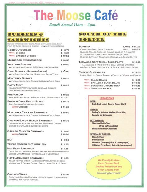 Menu at Moose Cafe, Kremmling