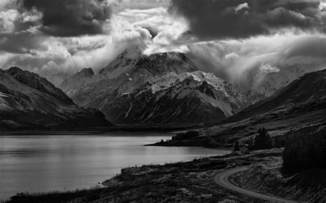 Nature, Landscape, Lake, Mountain, Road, Clouds, Monochrome, - Desktop ...