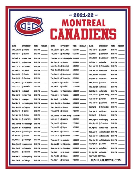 Printable 2021-2022 Montreal Canadiens Schedule