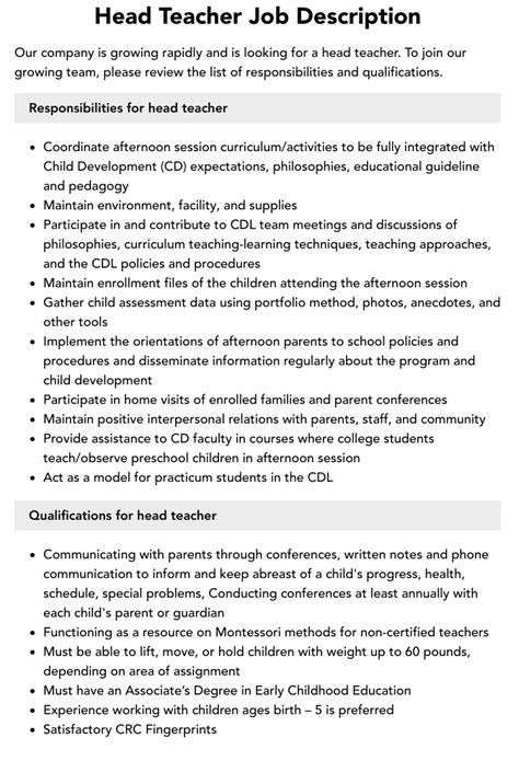 Head Teacher Job Description | Velvet Jobs