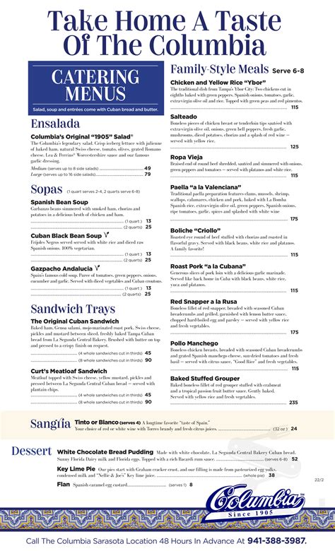 Columbia Restaurant Sand Key menus in Clearwater, Florida, United States