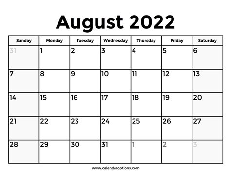 Calendar August 2022 With Holidays