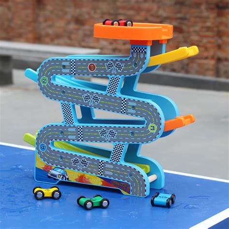 Wooden Race Track Car Ramp Racer with 4 Mini Cars, Assorted Colors ...