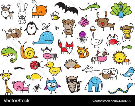 Kids drawing animal doodles Royalty Free Vector Image