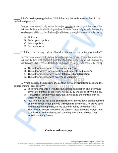 Lord of the Flies Chapter 8 Close Reading Analysis Worksheet | Made By ...